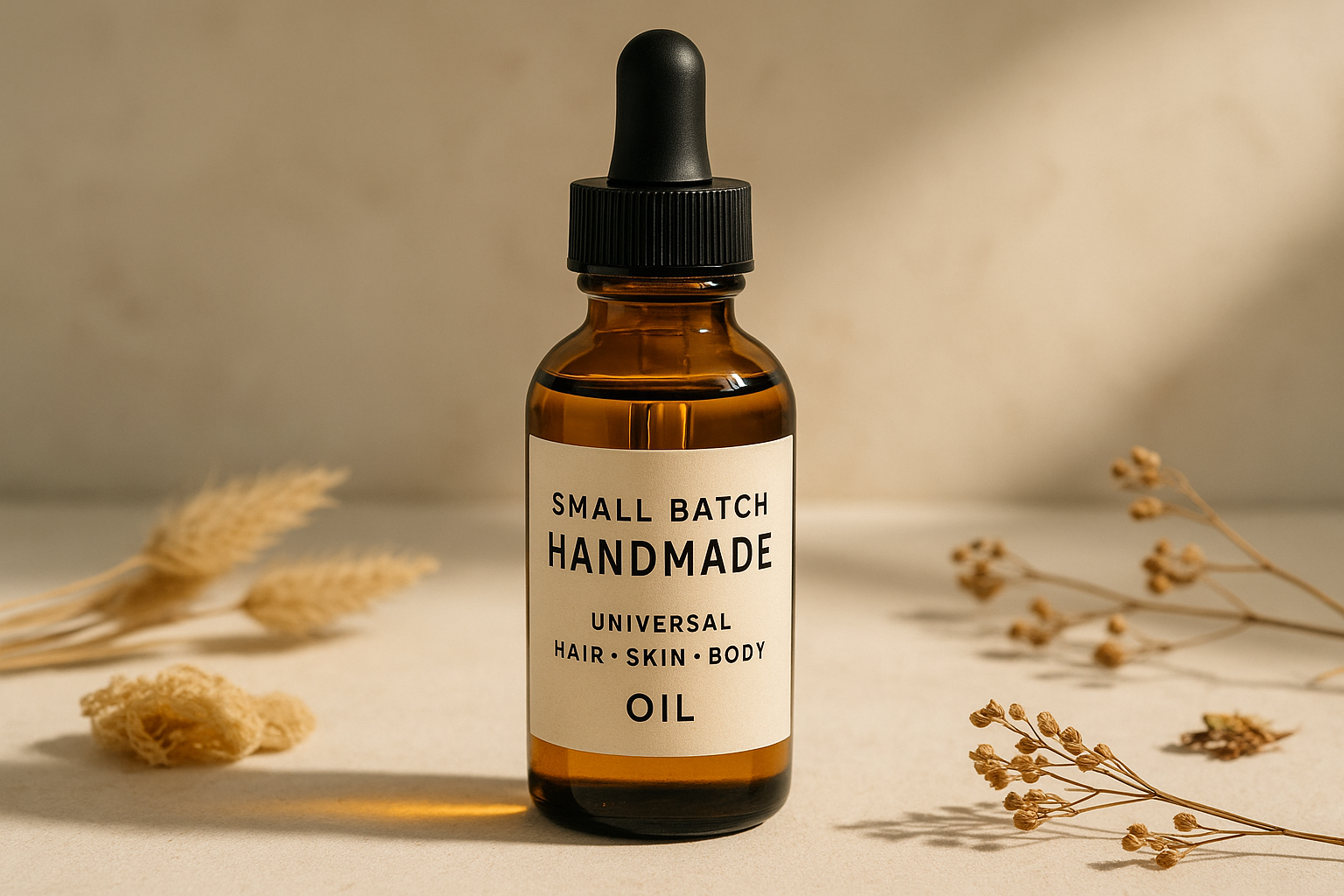 Small batch hand made universal hair skin body oil in a glass dropper bottle