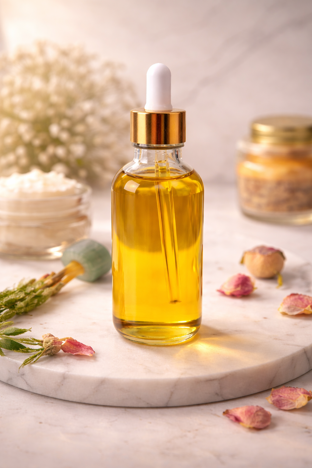 Small batch hand made universal hair skin body oil in a glass dropper bottle